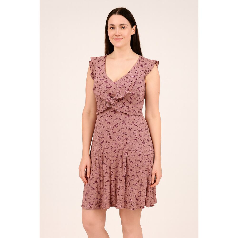 American Rag Cie Mauve Floral Ruffle Front Dress Large Sleeveless V-Neck Fit